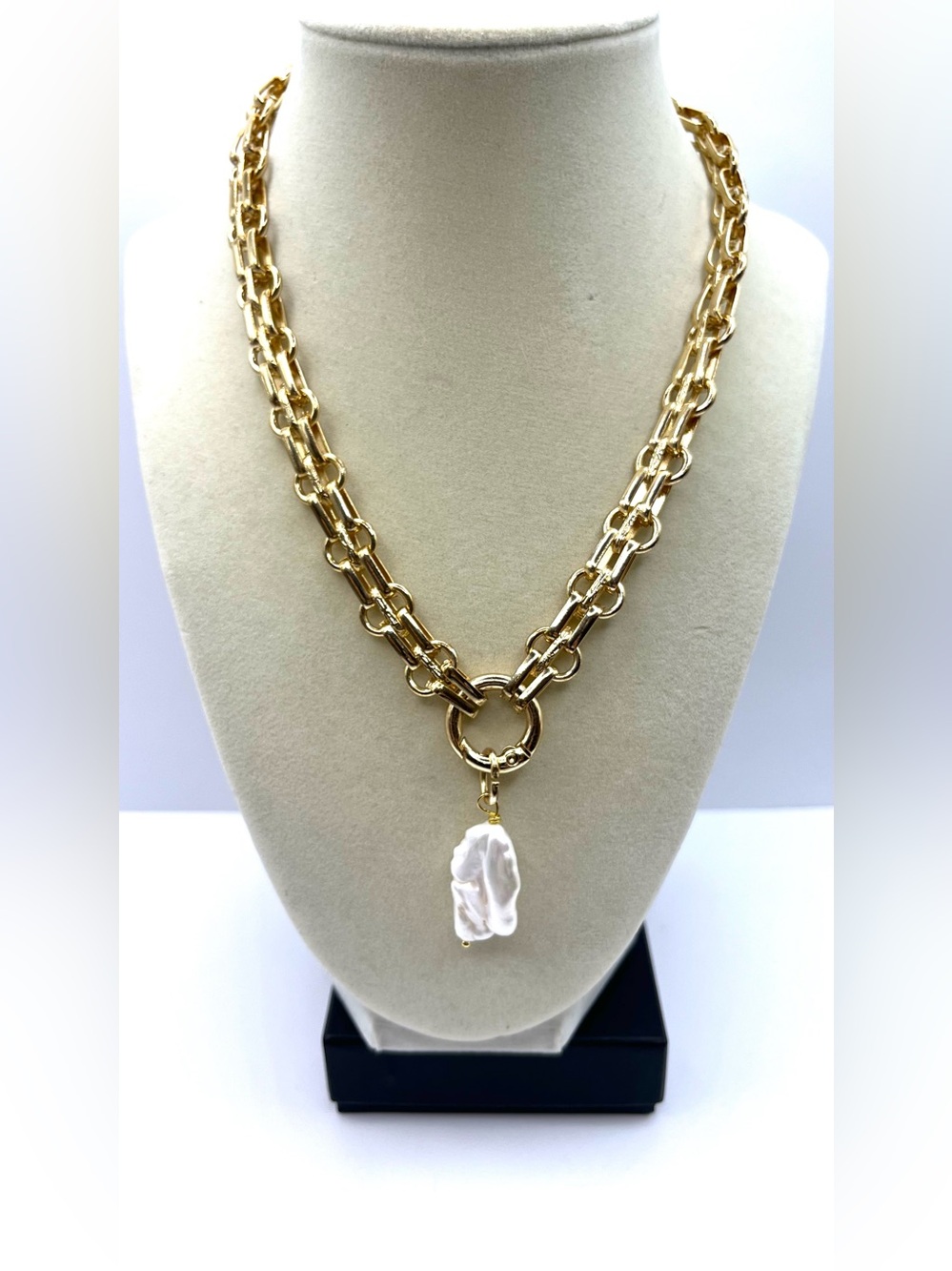Gold Chain Necklace with Baroque Faux Pearl Pendant Big Bold Chunky Chain Link